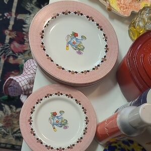 Charming Pink and White Dinnerware Set By MARY ENGELBRIET 4 PLATES 3 BREAD PLATE
